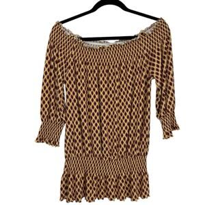 Lascana Smocked Off Shoulder Top Size 10/12 Colorful Medallion Pattern 3/4 Sleev